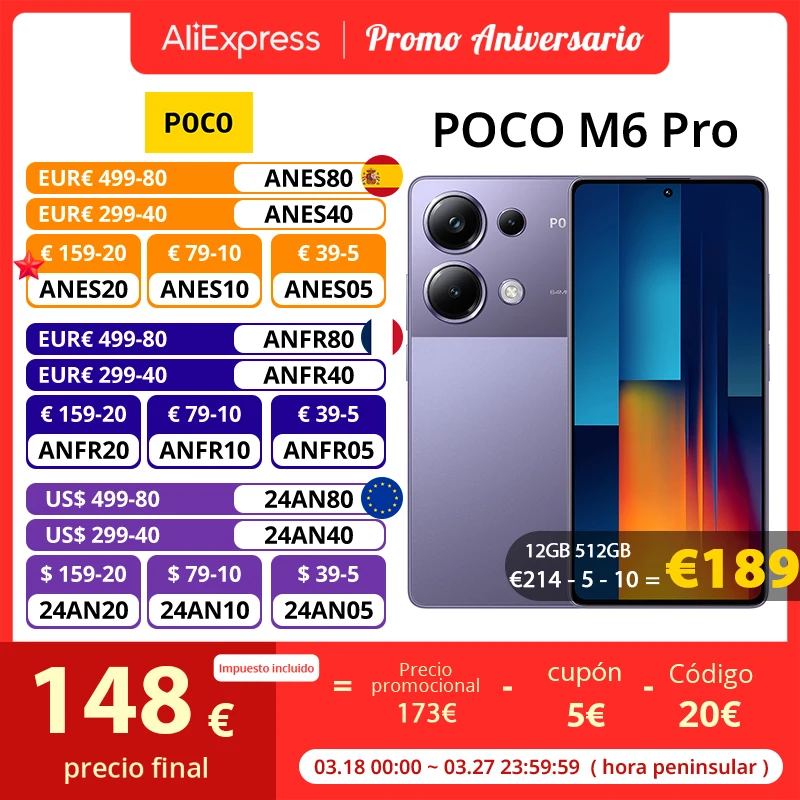 ⚡️ POCO M6 Pro Smartphone 5000mAh 8 256GB Batería 67W Turbo Charging Helio G99-Ultra Chip 64MP Triple Cámara OIS
✈️ ENVIO DESDE ESPAÑA 🇪🇸
#aliexpress plaza
💲 PRECIO OFERTA: 105€
🎟 CUPÓN: CHCH08
🔗 ENLACE: https://bit.ly/4fvgN8Y
🔴Más chollos en @Chollazosalobestia
🌏Chollazosalobestia.es