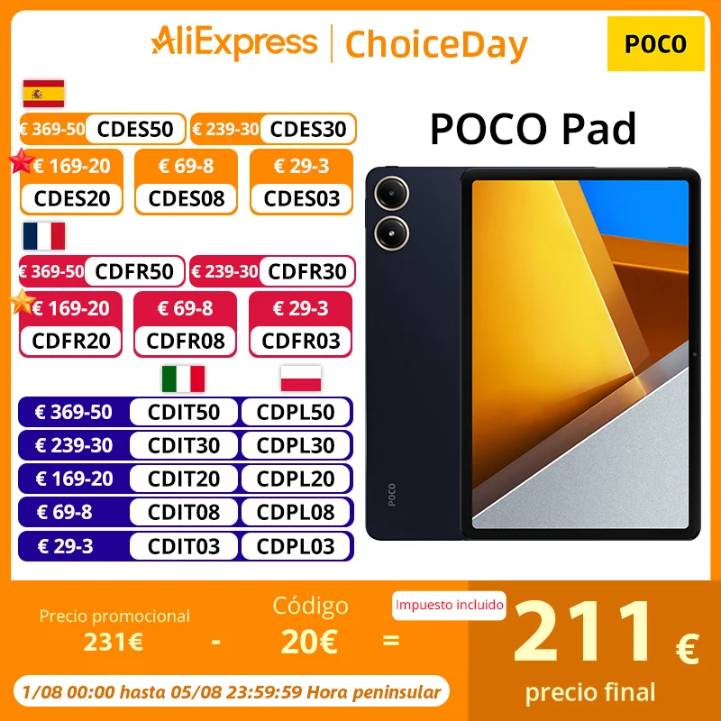 ⚡️ Estreno Mundial Versión Global POCO Pad Tablet 12.1″ 120Hz 2.5K Display Snapdragon 7s Gen 2 10000mAh 33W Xiaomi HyperOS
✈️ ENVIO DESDE ESPAÑA 🇪🇸
#aliexpress plaza
💲 PRECIO OFERTA: 211€
🎟 CUPÓN: CHCH20
🔗 ENLACE: https://bit.ly/3WMUyUV
🔴Más chollos en @Chollazosalobestia
🌏Chollazosalobestia.es